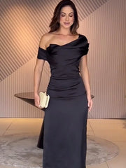 Elegant Sloping Collar Pleated Waist Dresses