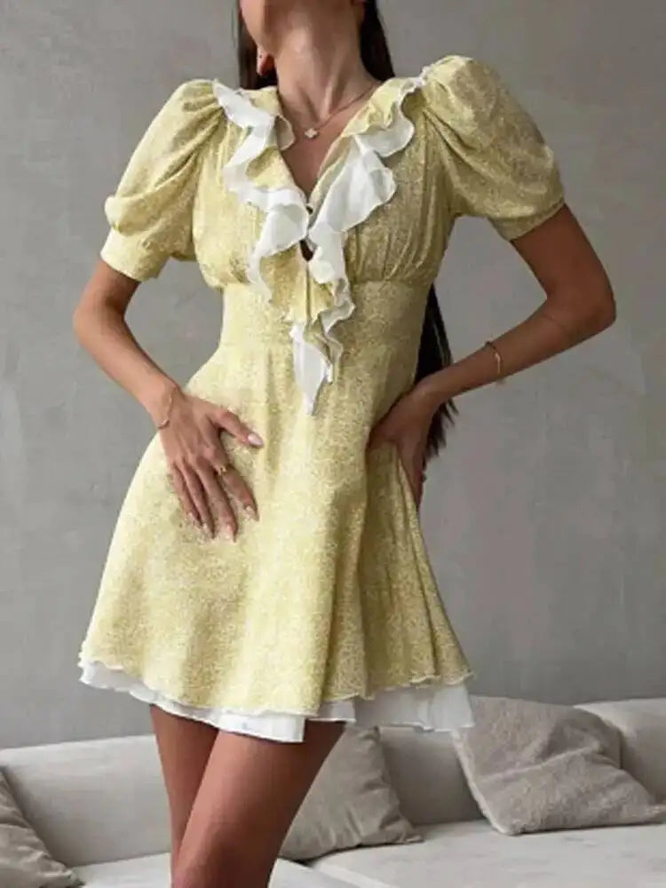 Sweet Printed Ruffled V-neck Bubble Sleeve Waist Cinched Mini A-line Dresses