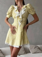 Sweet Printed Ruffled V-neck Bubble Sleeve Waist Cinched Mini A-line Dresses