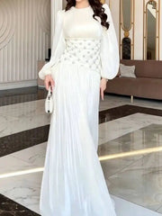 Elegant Satin Round Neck Lantern Sleeve Studded Diamond Waist Dresses