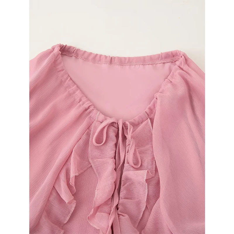 Cascade Ruffles Lace Up V Neck Chiffon Long Dresses Full Sleeve A-line Holiday Autumn Dresses