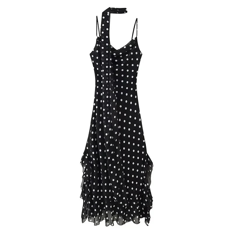 Retro Polk Dot With Scarf Sling Long Dresses Sexy V Neck Ruffle Summer Dresses