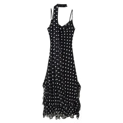 Retro Polk Dot With Scarf Sling Long Dresses Sexy V Neck Ruffle Summer Dresses
