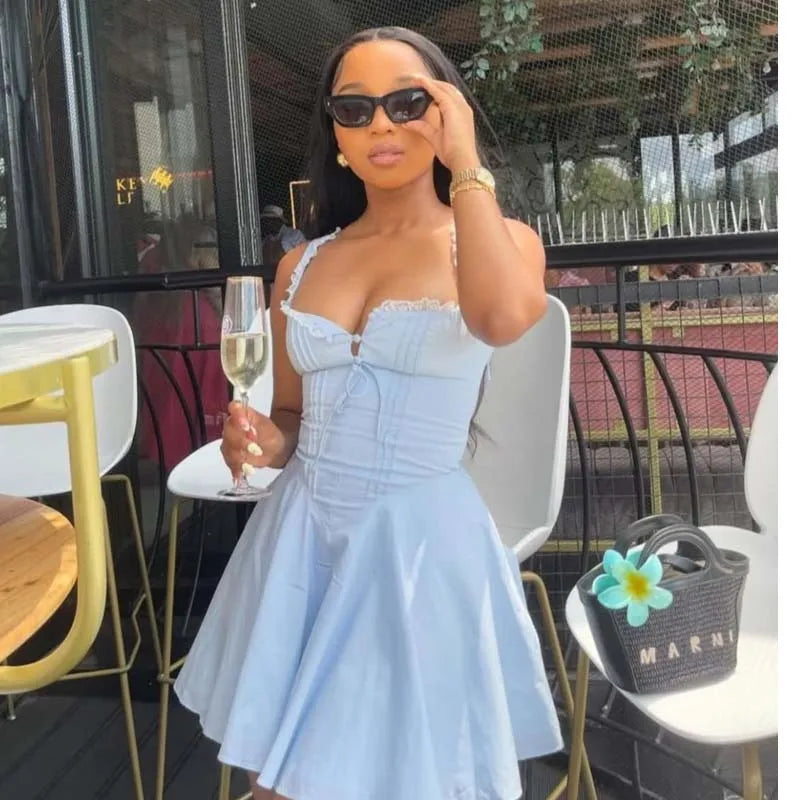 Blue Elegant Party Mini Dresses Sexy Sleeveless Low Waist A-line Summer Dresses