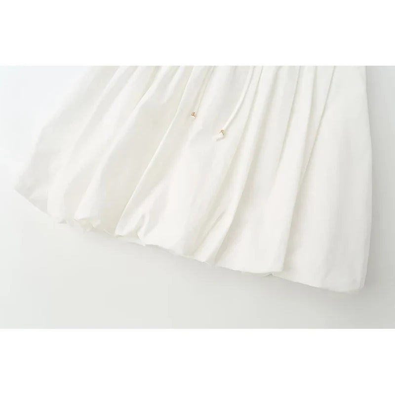 Elegant V-neck Puff Sleeve White Shirt Dresses
