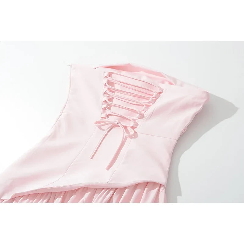 Elegant Pink White Party Evening Strapless Dresses With Scarf Pleated Asymmetric Hem Lace Up Vacation Wedding Dress