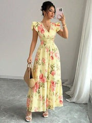 Spring Summer Boho Maxi Dress, Pink Yellow Floral Print V Neck Cap Sleeve Elegant Vacation Resort Holiday Outdoor Clothing
