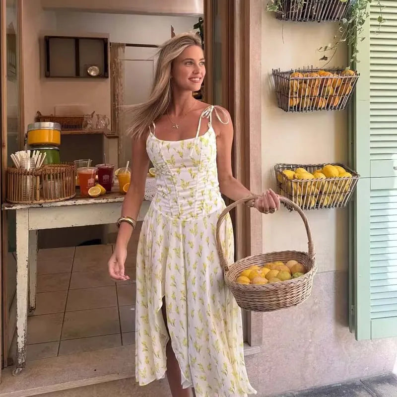 Yellow Print Sling Midi Summer Dresses Sexy O Neck Hem Slits A-line Chiffon Dresses