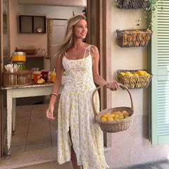 Yellow Print Sling Midi Summer Dresses Sexy O Neck Hem Slits A-line Chiffon Dresses