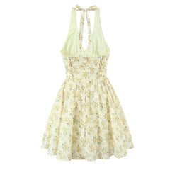 Yellow Floral Print Halter Mini Dresses Elegant A-line Summer Backless Dresses