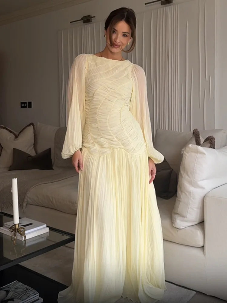 Autumn Summer Pleated Pullover Elegant Ruched Waist Glass Sand Long Sleeve Dress
