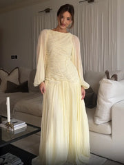 Autumn Summer Pleated Pullover Elegant Ruched Waist Glass Sand Long Sleeve Dress