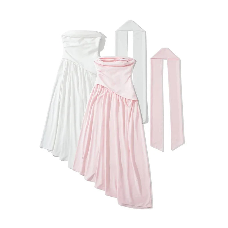 Elegant Pink White Party Evening Strapless Dresses With Scarf Pleated Asymmetric Hem Lace Up Vacation Wedding Dress