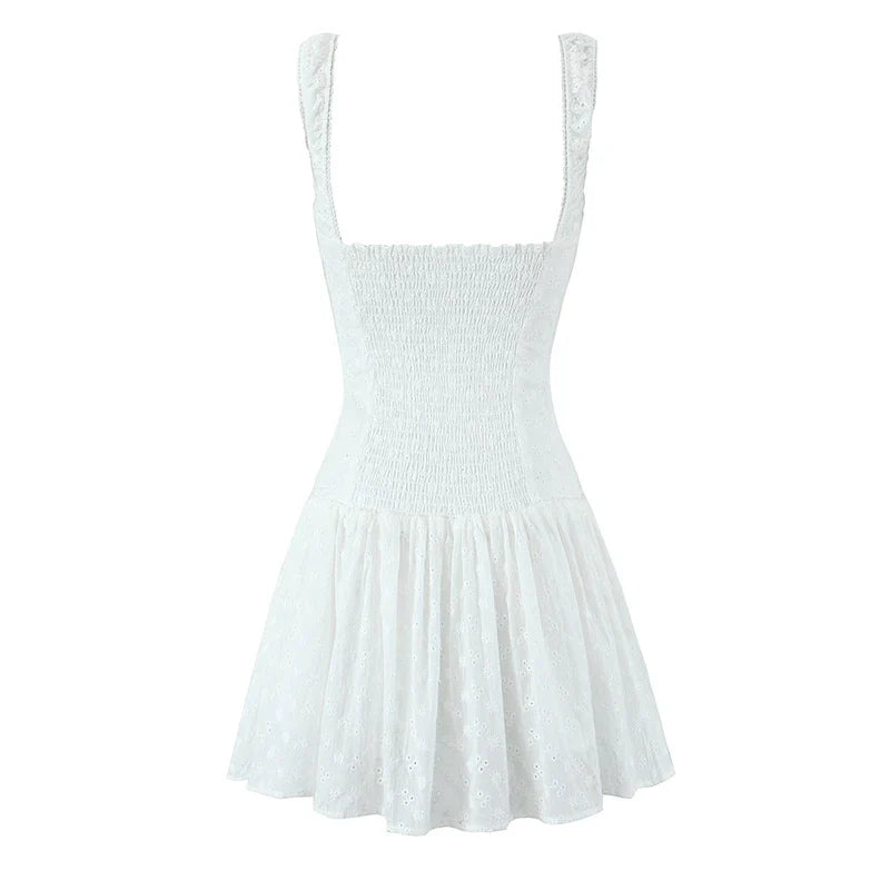 Sweet Floral Embroidery White Tank Dresses