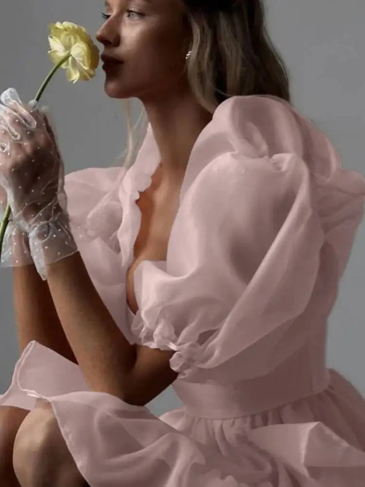 Sweet Square Neck Bubble Sleeve Backless A-line Dresses