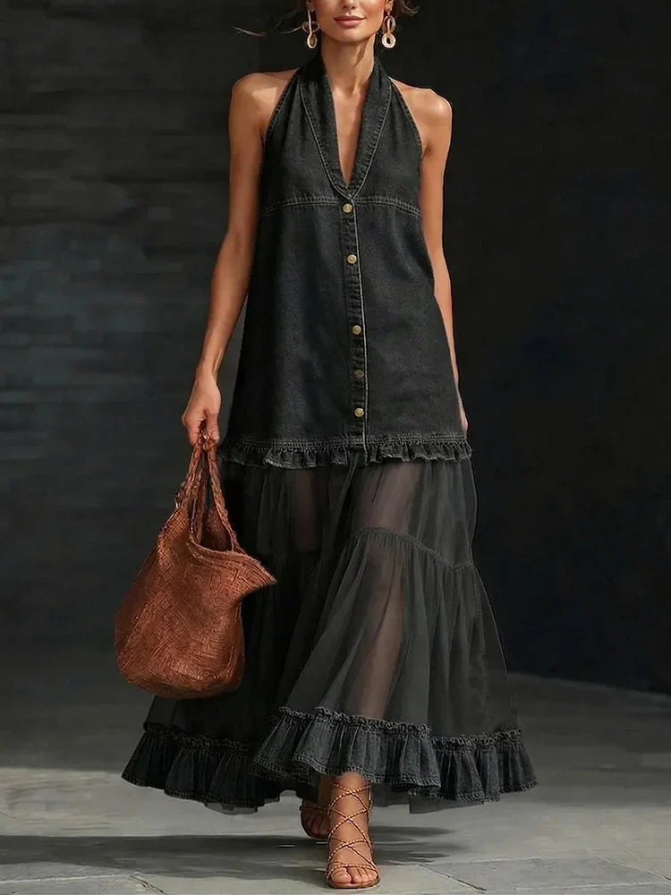 Vintage Denim V-neck Pleated Maxi Dresses