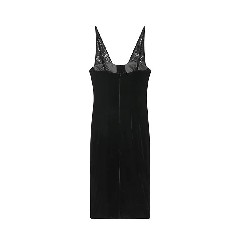 Spring Lace Patchwork V Neck Velvet Dresses
