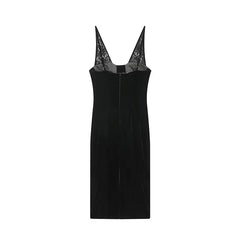 Spring Lace Patchwork V Neck Velvet Dresses