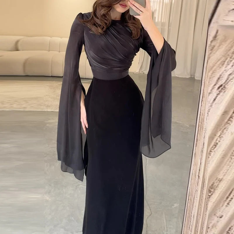 Elegant Batwing Sleeves High Waist Pleats Long Dresses