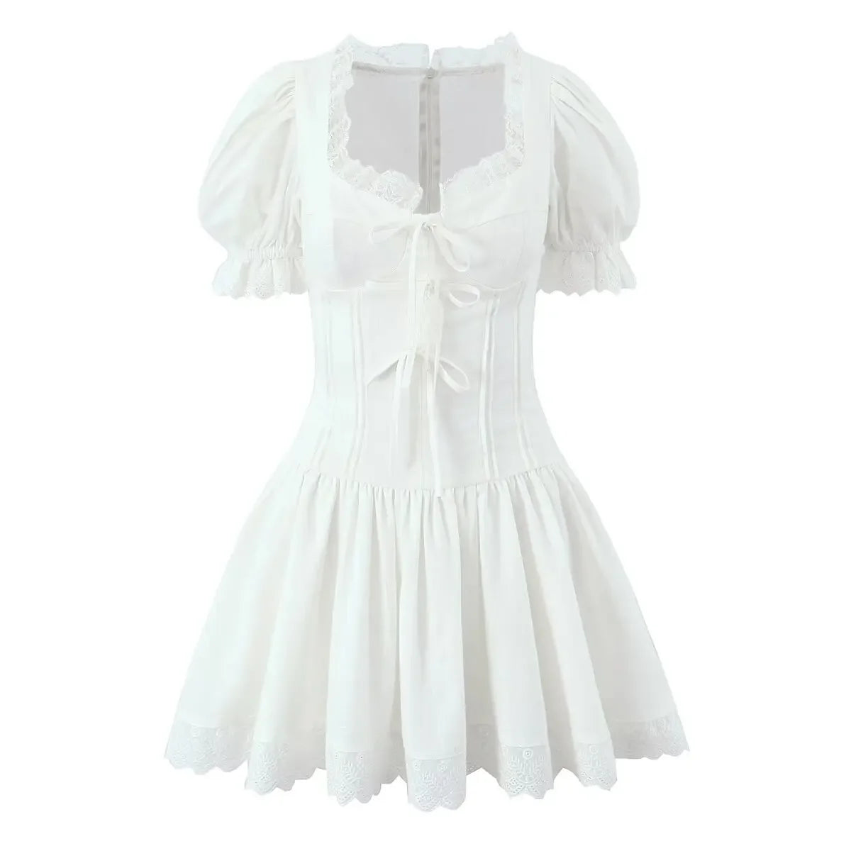 Lace Spliced Bow Beige White Sweet Dresses