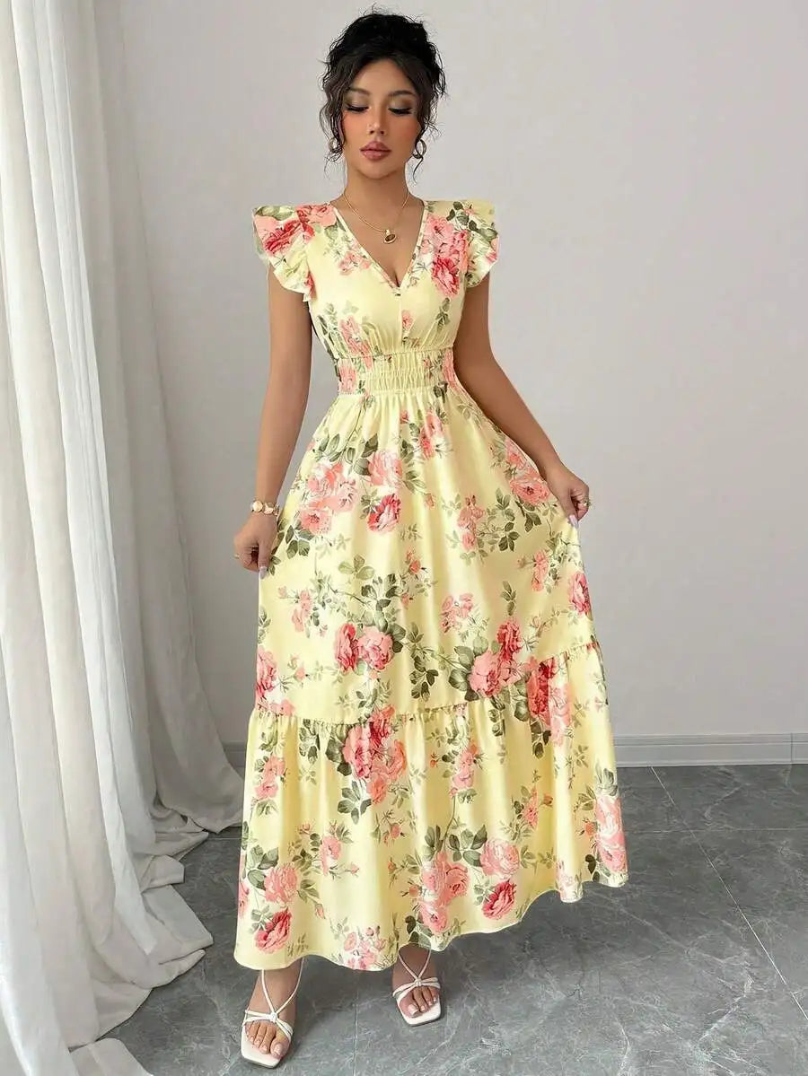 Spring Summer Boho Maxi Dress, Pink Yellow Floral Print V Neck Cap Sleeve Elegant Vacation Resort Holiday Outdoor Clothing