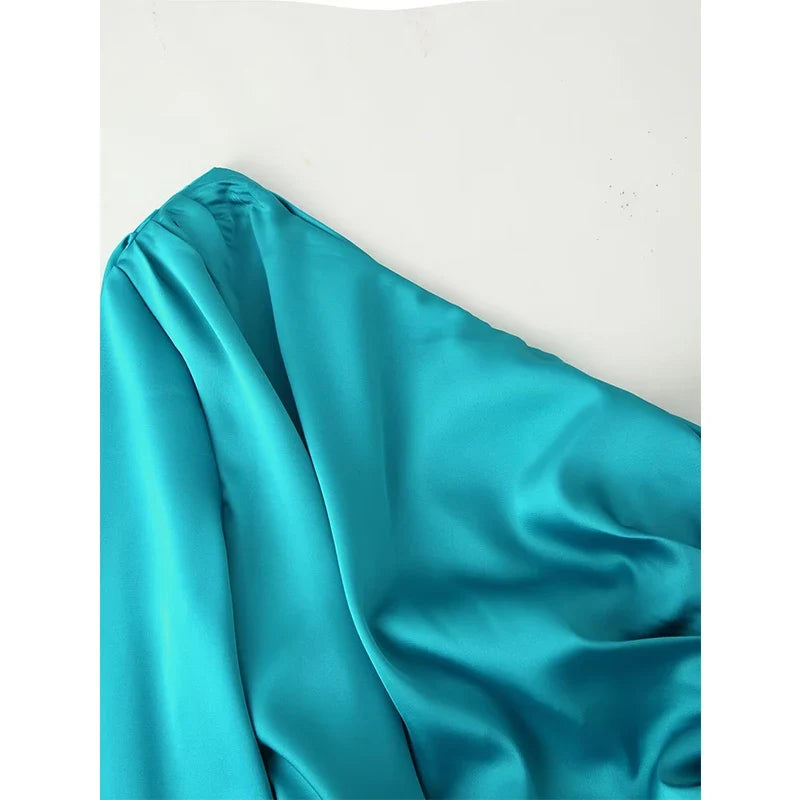 Elegant Sexy Diagonal Collar Satin Draped Ruffle Long Party Dresses Maxi Evening Vestidos