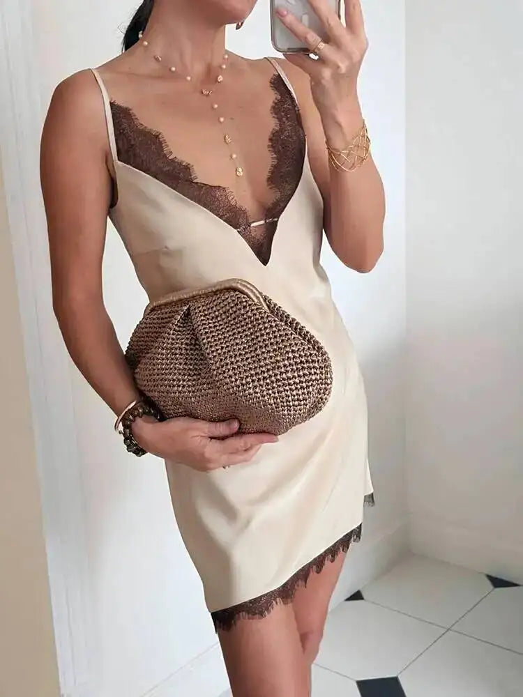 Casual V-neck Sleeveless Lace Patchwork Camisole Dresses