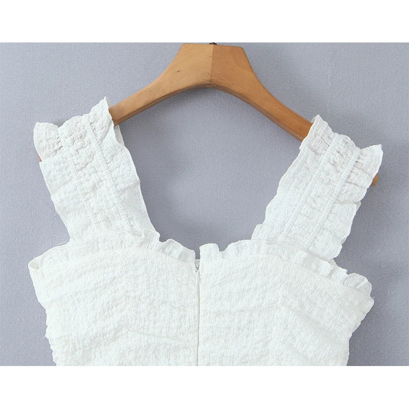 Summer French Style White Textured Ruched Tie Waist Mini Dresses