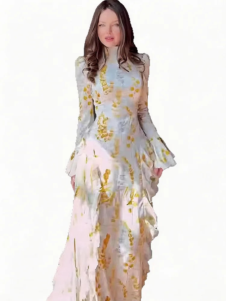 Sweet Printed High Neck Flared Sleeve Ruffle Splicing Dresses
