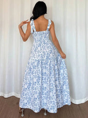 French Elegant Pleated Flounce Floral Print Long Dress, Sleeveless V-Neck Ruffled Dress, Summer Ladies Light Blue Gown Blue