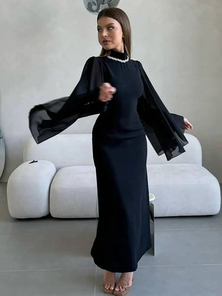 Temperament Half High Collar Bat Sleeve Diamond Gauze Splicing Dresses