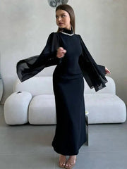 Temperament Half High Collar Bat Sleeve Diamond Gauze Splicing Dresses