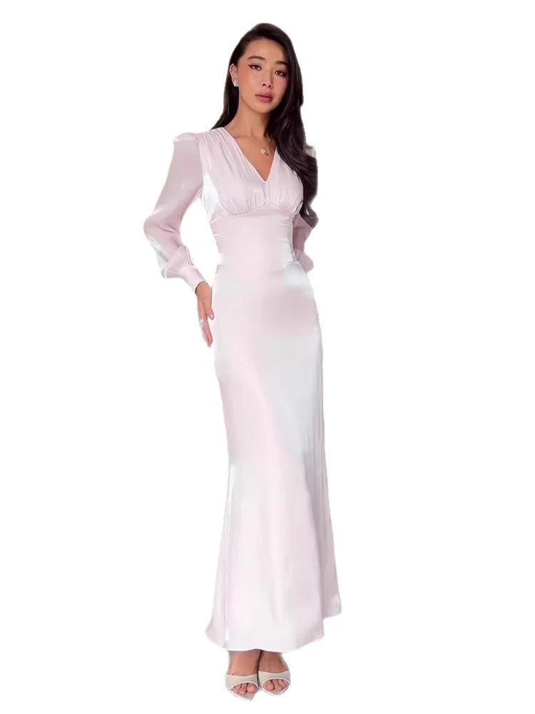 Elegant V Neck Puff Sleeve Maxi Dresses