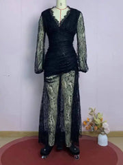 Temperament V-neck Long Sleeved Lace Pleated Waist Slimming Dresses