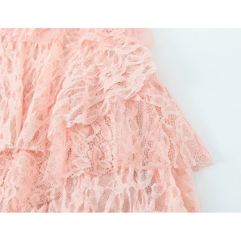 Asymmetrical Hem Pink Ruffle Lace Dresses