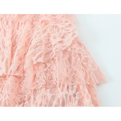 Asymmetrical Hem Pink Ruffle Lace Dresses