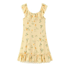 Floral Print Plaid Yellow Summer Dresses