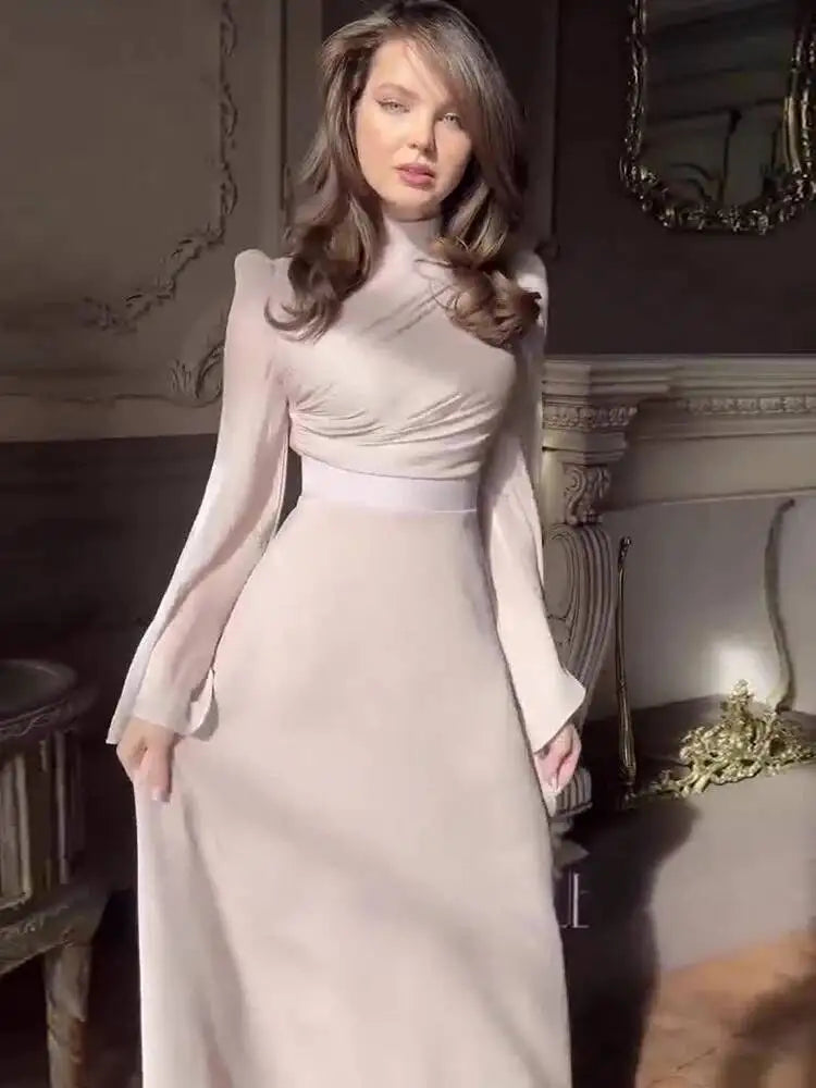 Temperament High Neck Long Sleeved Waist Cinched Pleated Dresses