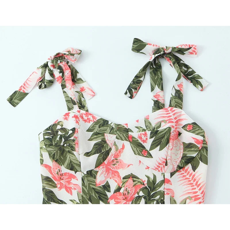Holiday Summer Dresses French Floral Print Sexy Slim Fit A-line Midi Sleeveless Dress