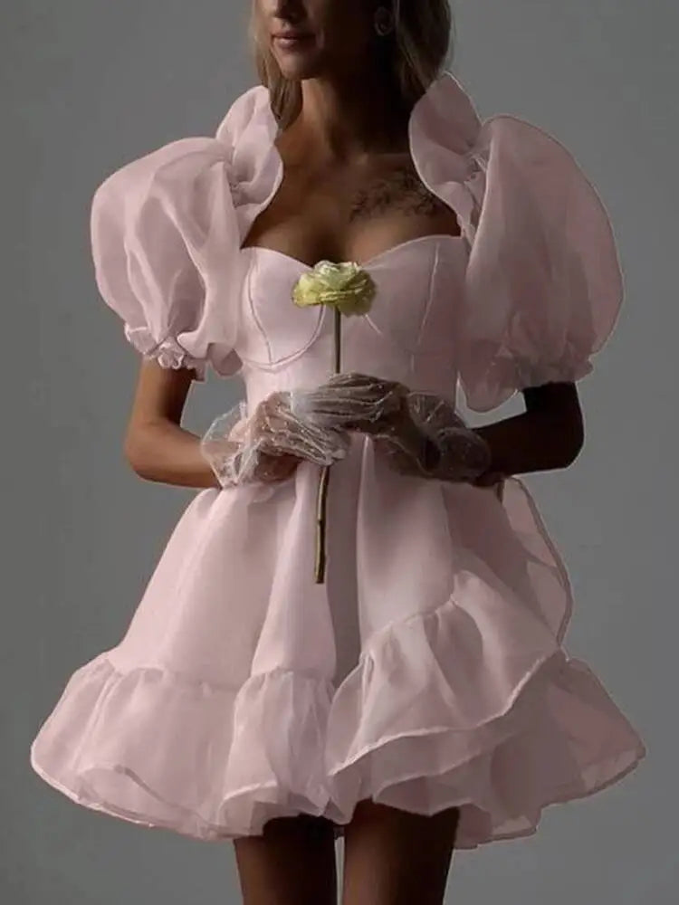 Sweet Square Neck Bubble Sleeve Backless A-line Dresses