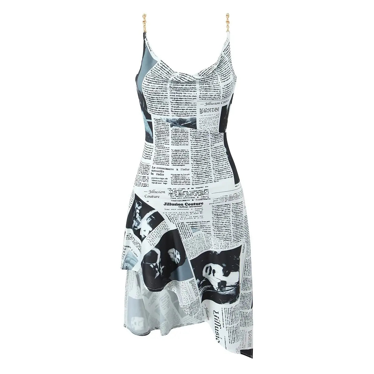 Newspaper Letter Print Irregular Hem Sling Dresses Backless Thin Straps With Chain Summer Sexy Dress