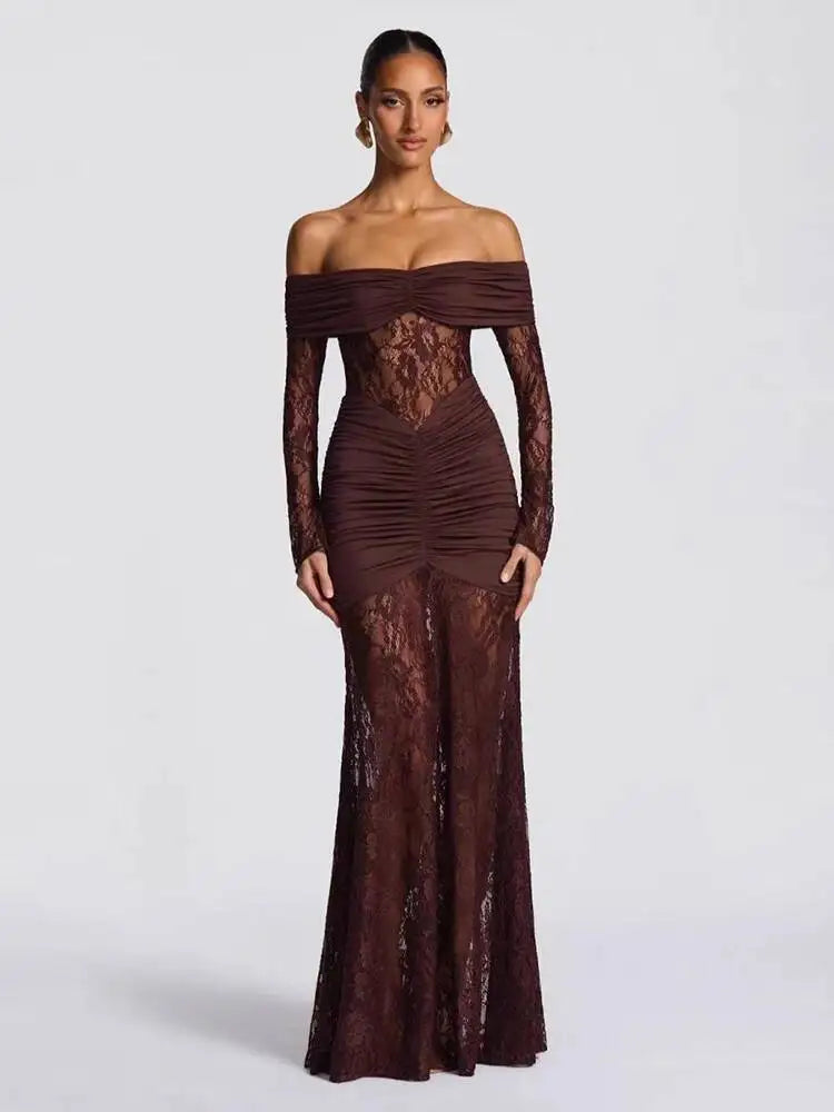 Fashionable Slash Neck Long Sleeved Hollow Lace Patchwork Hip Hugging Dresses