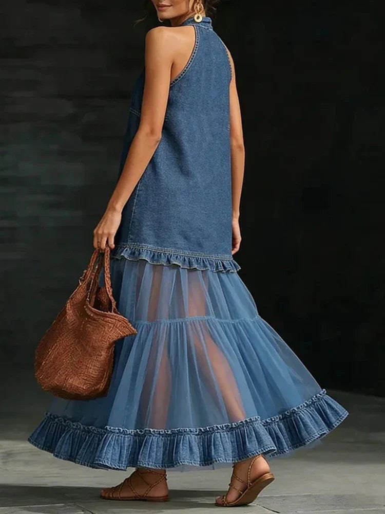 Vintage Denim V-neck Pleated Maxi Dresses