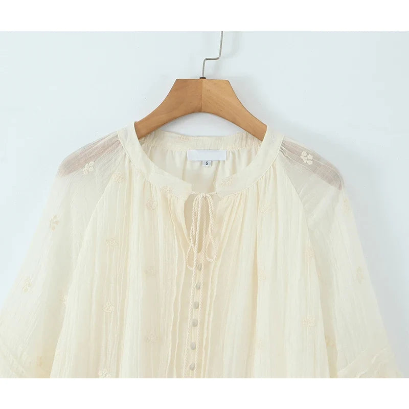 Spring Summer Floral Embroidery Loose Short Dresses Long Sleeve Casual Holiday Dresses