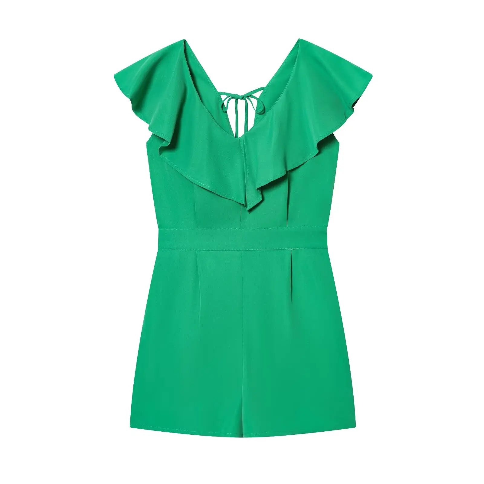 Ruffle V Neck Green Short Jumpsuit Holiday Casual Summer Romper