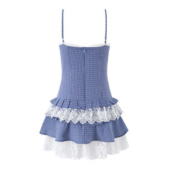 Sexy Cute Girls Blue Plaid Tiered Lace Trim Mini Dresses
