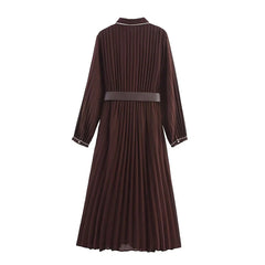 Brown With Belt Pleated Midi Dresses