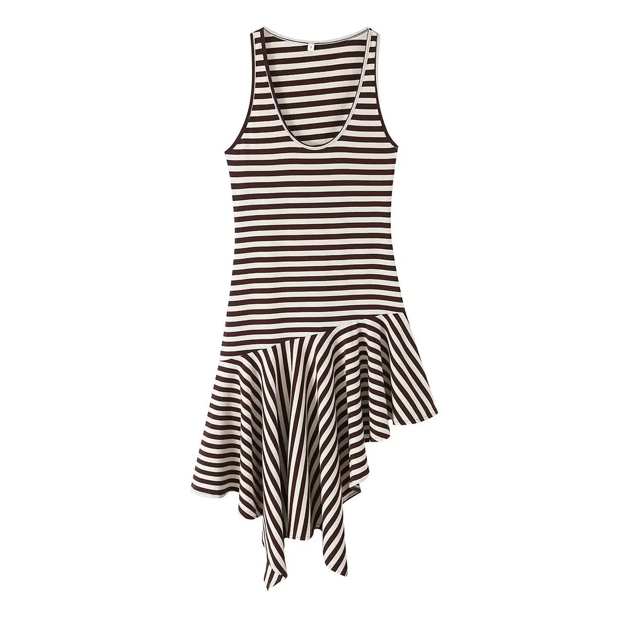 Round Neck Sleeveless Striped Asymmetric Midi Knit Dresses