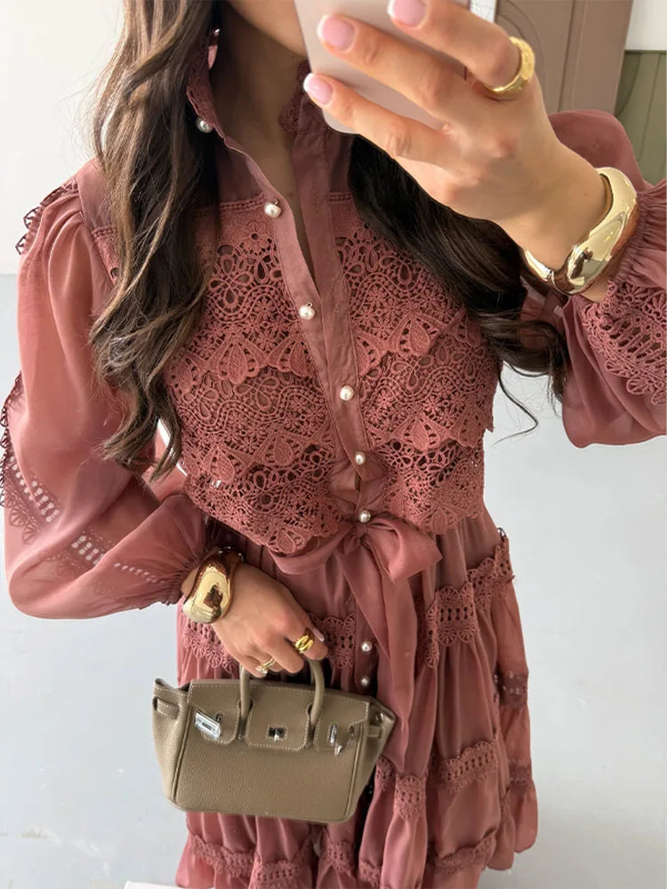 French Style Elegant Court Style Half High Collar Lace Embroidery Hollow Out Trim Long Dress