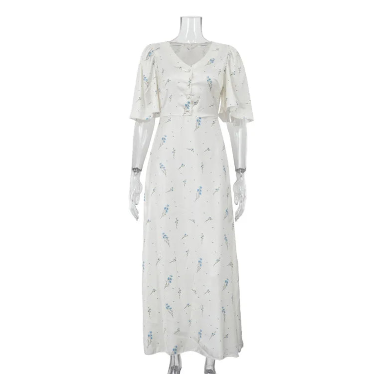 Sweet Printed Satin V-neck Short Sleeved Waist Cinched Dresses